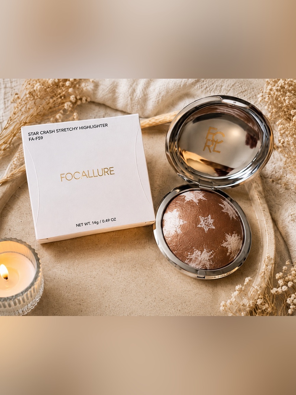 Focallure Shimmering Bronze Highlighter Compact with Silver Star Accents